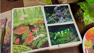 painting forest floor landscapes🌱🍄 with jelly gouache /| relaxing painting process/ paint with me