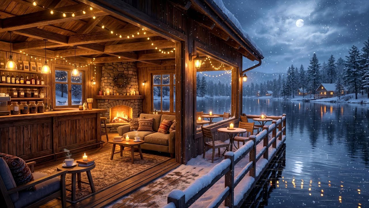 Relaxing Jazz Café ❄️ Fireplace Glow & Cozy Winter Night Ambience