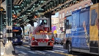 FDNY Engine 63 And Tiller Ladder 39 Respond On White Plains Road With Air Horns And Rumblers, Bronx