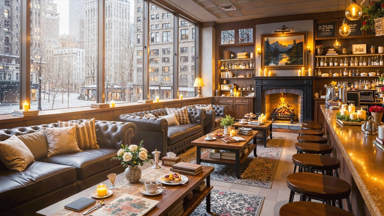 Snowy Day Coffee Shop Ambience with Smooth Winter Jazz ❄️ Calm Jazz Piano & Cozy Fireplace for Relax