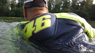 With VR46 bikesuit into the river Thur in Switzerland