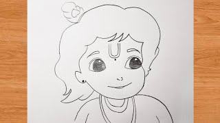 Laughing little krishna god outline pencil step by step drawing | bhagwan krishna ji simple art  