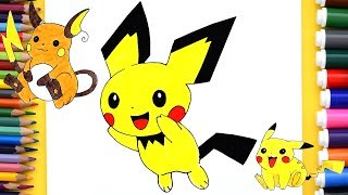 Pokemon PIKACHU Coloring Pages. Pikachu Evolution. Pichu Pikachu Raichu