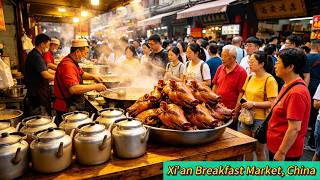 中國西安早餐集市，北方小吃匯聚地，從城市到農村，各種美食吃不停，市場巨大，市井生活非常有趣，按摩的美容的，當場解除病痛的，收費的，白送的，打折酬賓叫賣的，沉浸式體驗快樂無比