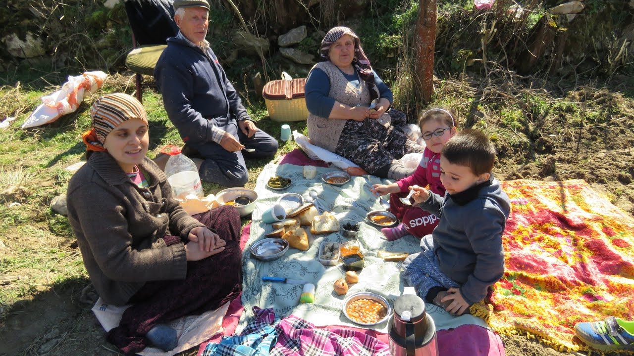 Tarlada öğlen yemeği semaver çayı  Patates ekimi köy işleri