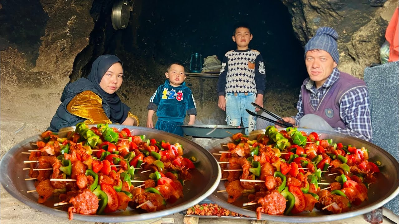 Young couple cooking delicious food (chicken Kabab)/ daily routine in Afghanistan/ living in Cave 