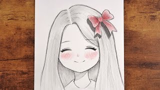 Menggambar Gadis Anime Imut dengan Pita Merah | Sketsa Pensil Lembut screenshot 2