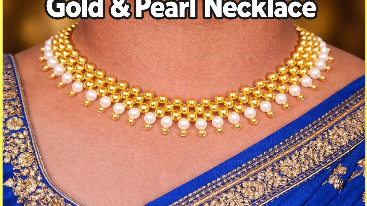 Elegant Gold Pearl Necklace Making using simple beads at home| Nandini beads jewellery
