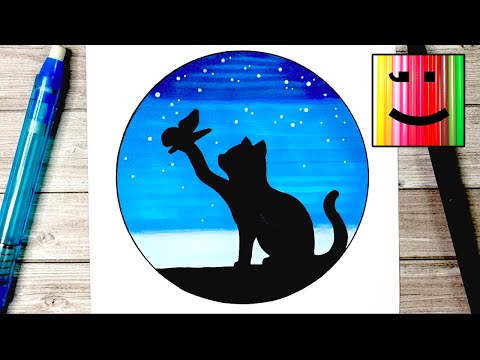 Видео: COMMENT DESSINER UN CHAT DANS LA NUIT QUI JOUE AVEC UN PAPILLON - COMMENT DESSINER LA NUIT #dessin