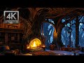 Inside the enchanted forest treehouse winter ambience w wind blowing falling snow crackling fire