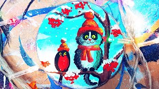 КОТ и СНЕГИРЬ |Как нарисовать красками✌