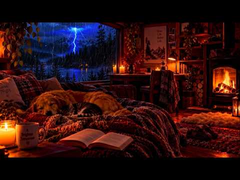 Peaceful Cabin Night in Heavy Rain 🌧️ Thunder, Fireplace & Deep Sleep Sounds