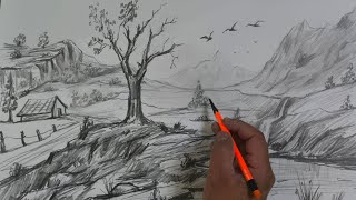 How to draw a beautiful landscape with a pencil.#pencildrawing #landscape #art # طراحی با مداد#😍🌲🌳🌲🌳