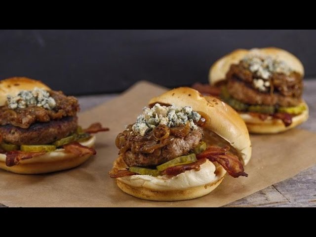 Turkey Burgers with Bacon, Blue Cheese and Maple-Mustard Onions | Rachael Ray Show