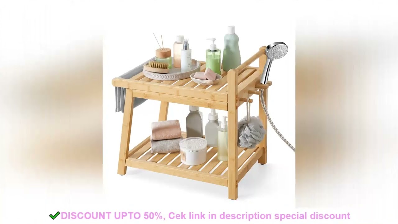 SONGMICS Bamboo Shower Bench with Storage Shelf, Shower Chair, Water Resistant Shower Stool with Han