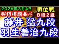 将棋棋譜並べ▲藤井 猛九段（４勝５敗）－△羽生善治九段（６勝３敗）第84期順位戦Ｂ級２組10回戦（主催：朝日新聞社・毎日新聞社・日本将棋連盟）