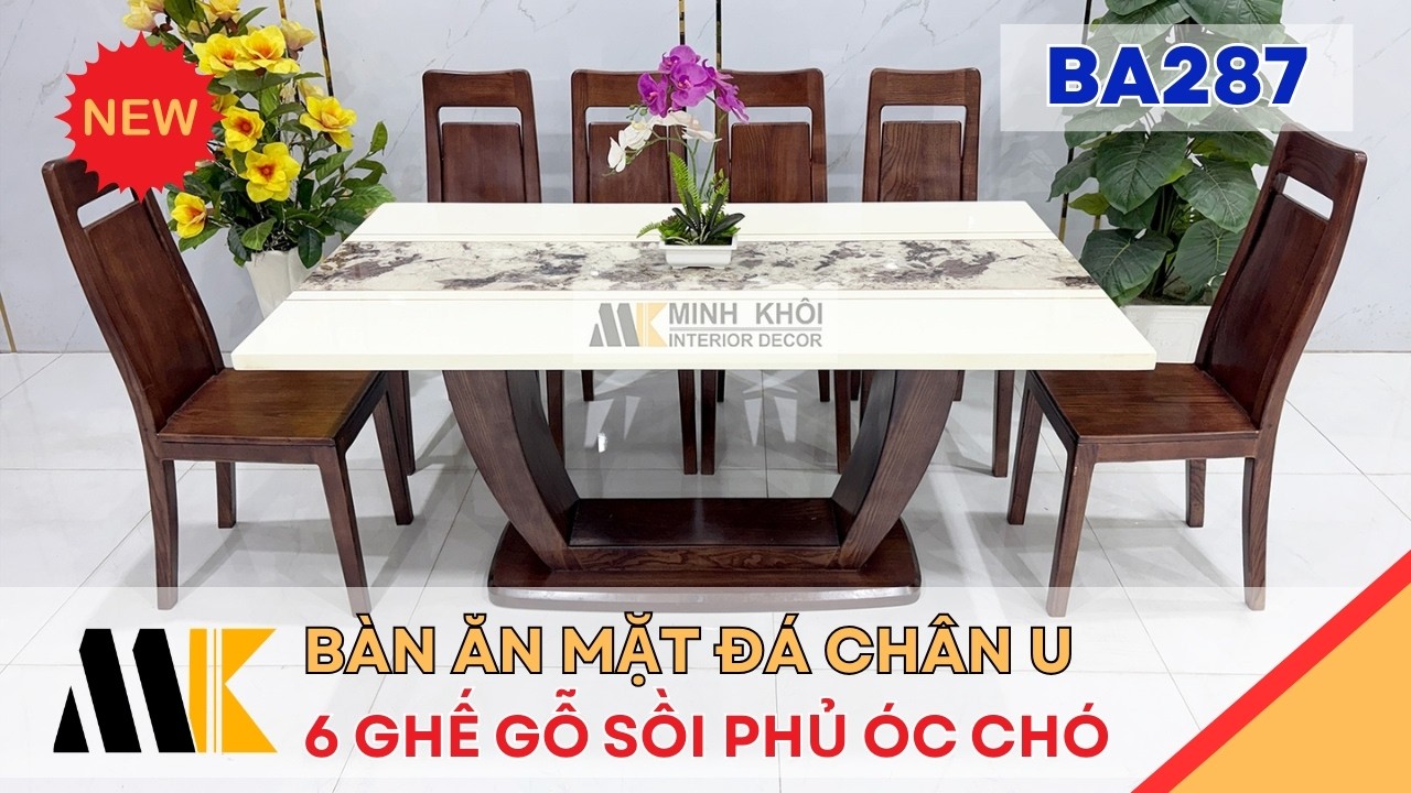 Bàn Ăn Mặt Đá Gỗ Sồi Phủ Óc Chó Chân U - BA287 | Minh Khôi