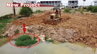 New Project!!! Pouring Soil Delete Pond By Small Bulldozer Pushing Soil With 5Ton Trucks