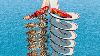 Mack Truck vs Impossible Road Spiral and Log Spiral Bridge Crossing Cars Vs Deep Water -BeamNG.Drive