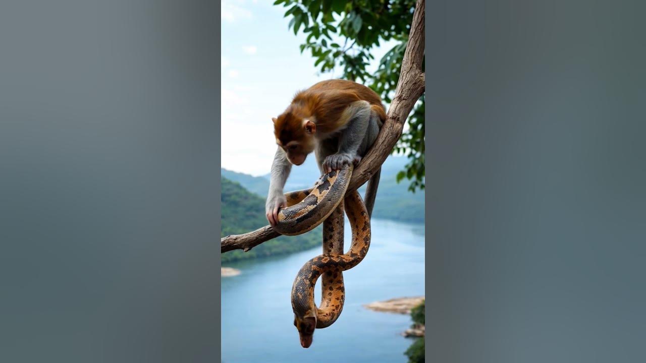 The monkey playing with the python was tired #monkey #python #shorts # ...