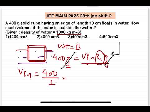 JEE MAIN 2025(28jan shift2)A 400 g solid cube having an edge of length 10 cm floats in water. How mu 14 JEE MAIN 2025(28jan shift2)A 400 g solid cube having an edge of length 10 cm floats in water. How mu