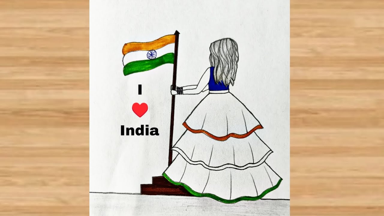 Sundar Independence Day Ka Chitra Kaise Bnay | Girl Holding Flag Drawing | 15 August Easy Drawing 