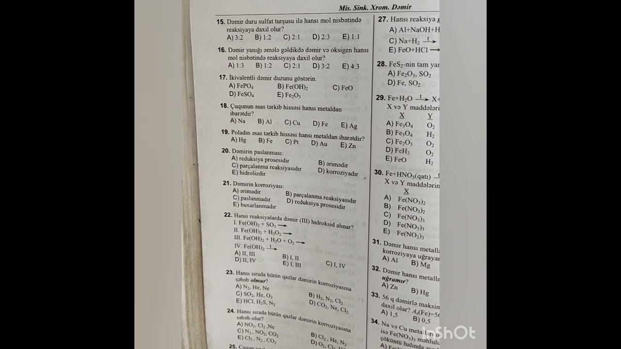 2-ci hissə kimya test toplusu / Dəmir. Alınması. Xassələri. Birləşmələri... / səh 71 / 1-64 izahlar