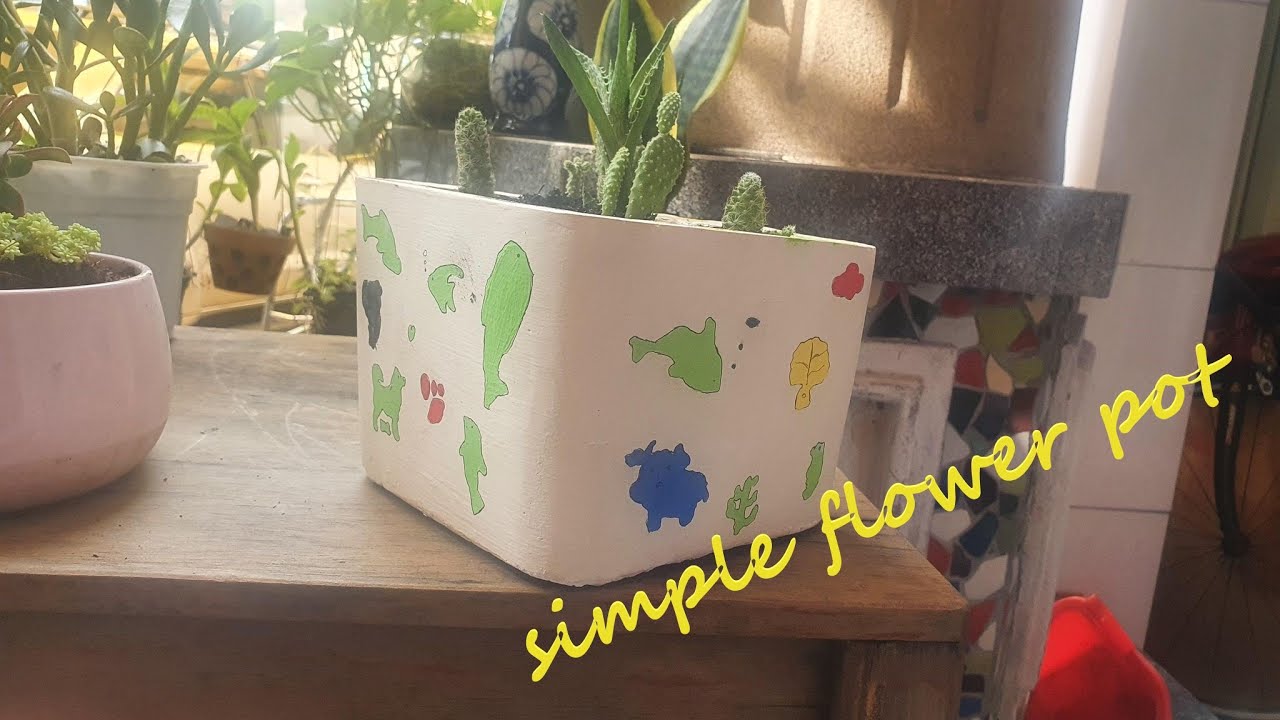 Flower Pot Made of Cement 🎍 Decorated with Watercolor and Ruler 🖌 You