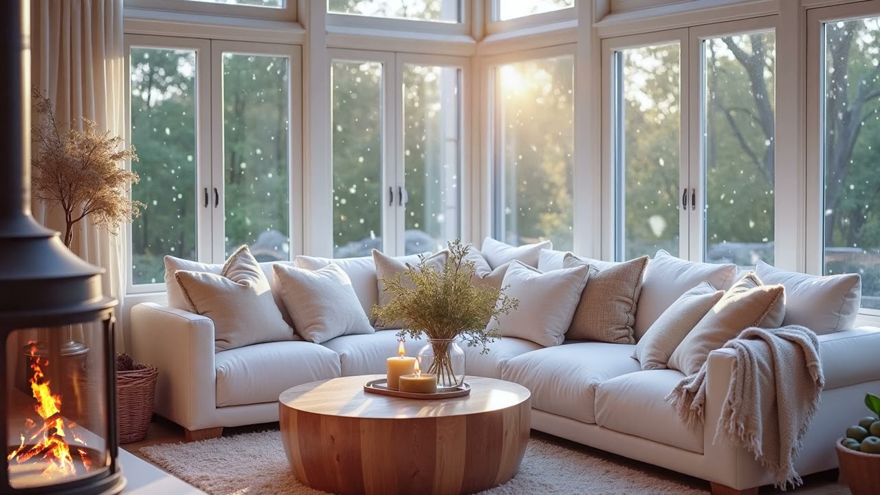 Winter Piano & Fireplace | for Overthinking – Snow Falling Cozy White Room