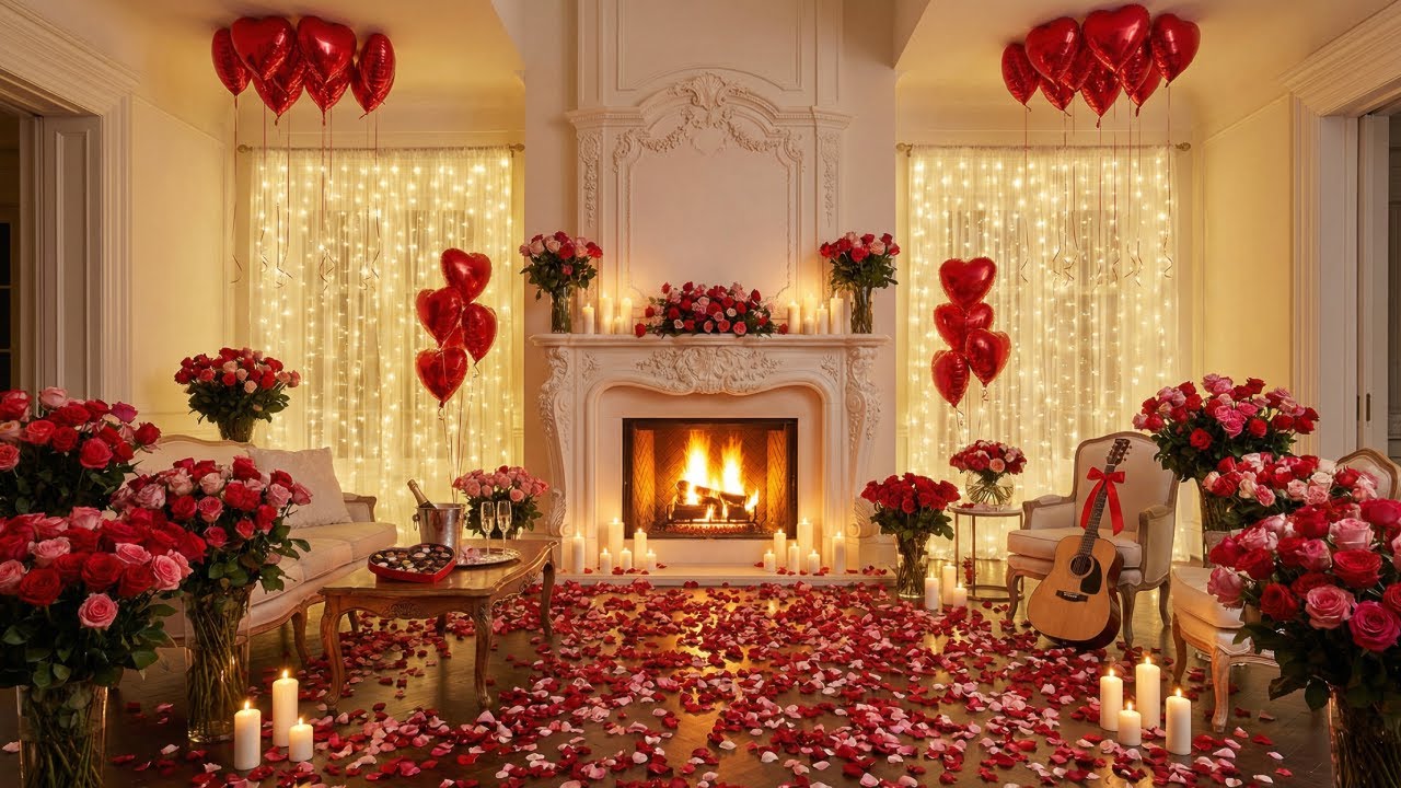 Romantic Valentine's Night Ambience 💖 Fireplace Crackle with Smooth Jazz Music for Love & Relaxation
