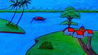 Beautiful ❤Indian village scenery drawing || Beautiful riverside village landscape drawing#trending