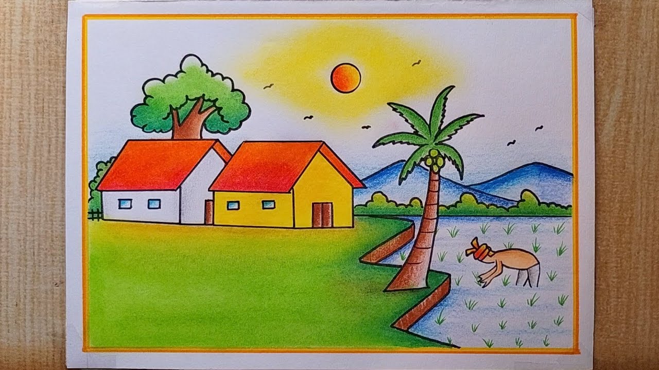Paddy field with Farmer Scenery drawing easy| Village scenery drawing ...