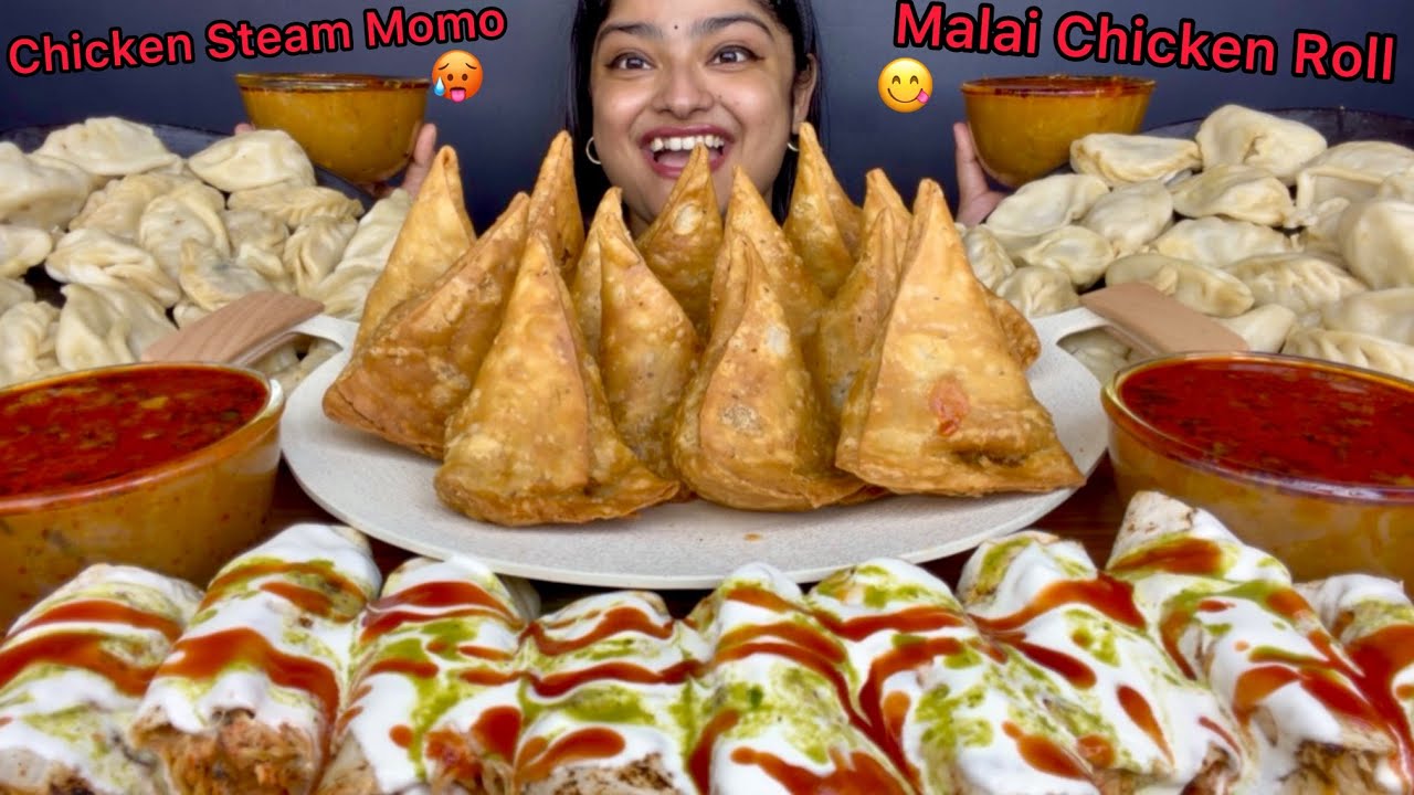 CHICKEN STEAM MOMOS, CREAMY CHICKEN MALAI BOTI ROLL, VEGETABLE SAMOSA WITH SPICY CHICKEN CURRY |ASMR