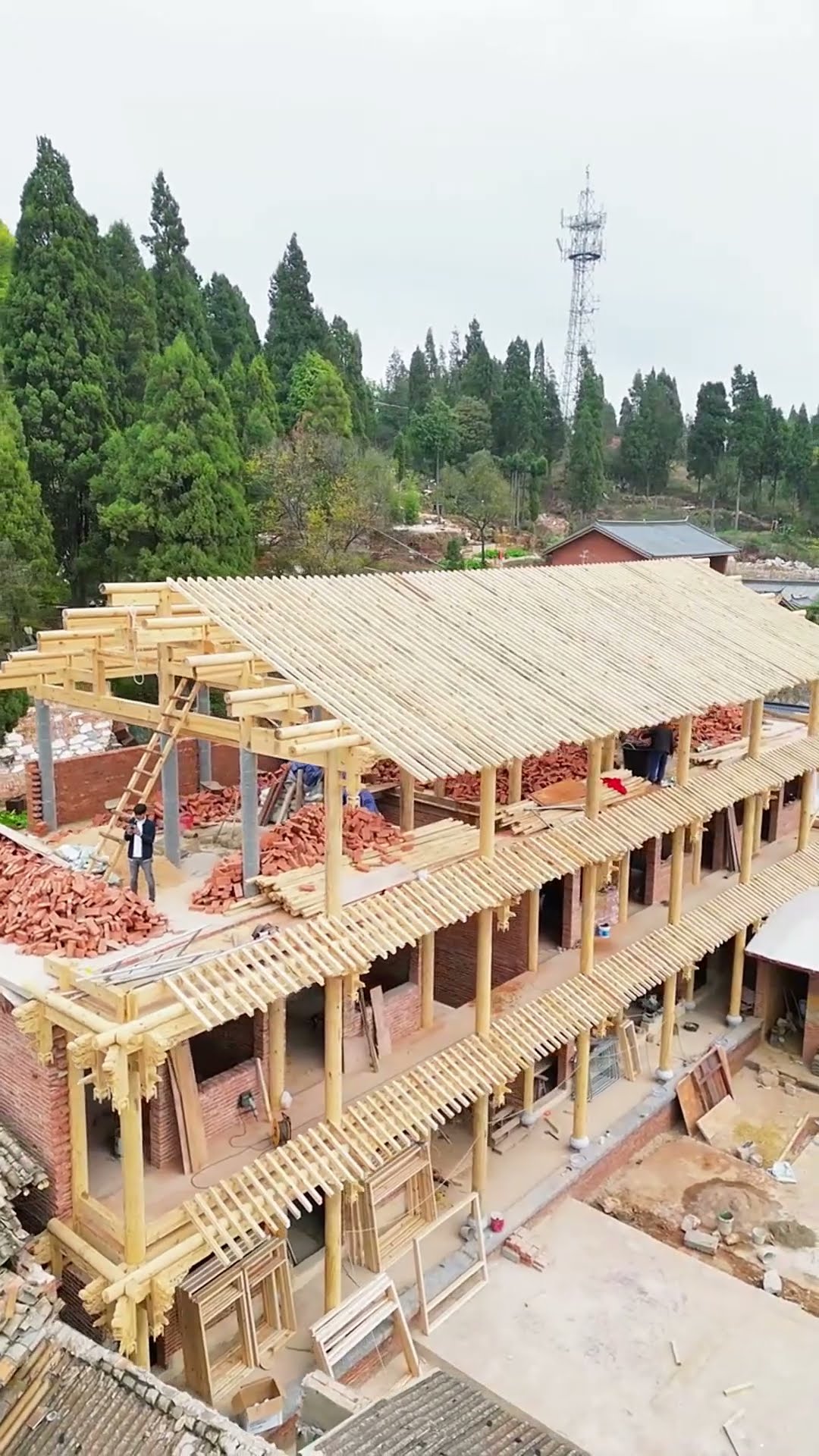 Wood eaves house construction process