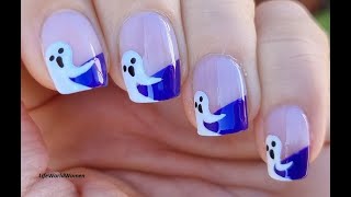 Purple FRENCH MANICURE With Cute GHOST NAIL ART - Halloween NAILS 2022