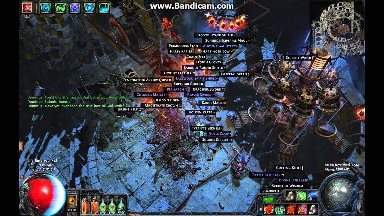 Path Of Exile Raging Spirits vs Dom (arc+curse on hit+ele weak+flammability) YouTube