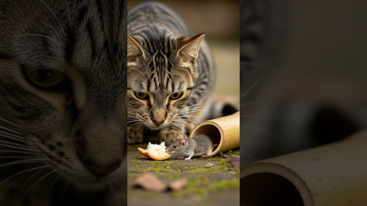 The tabby cat waited for the mouse to come close and pounce 