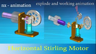 NX animation of horizontal Stirling engine//motion//explode view of engine