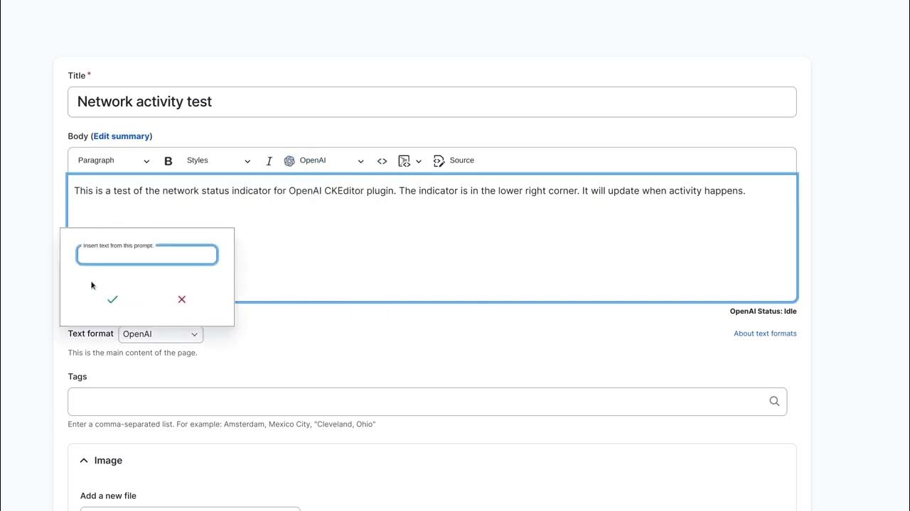 Drupal, OpenAI, ChatGPT and CKEditor 5 indicating network activity