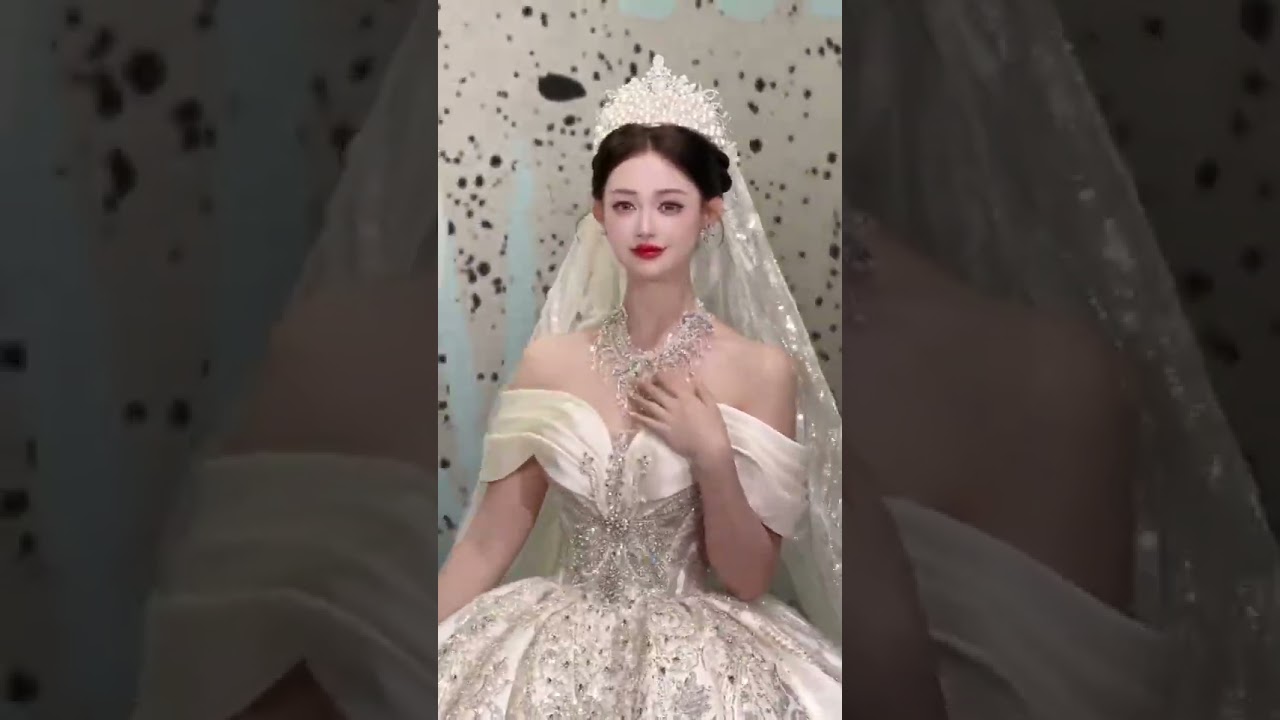 Luxury crystal satin wedding dress with long train  