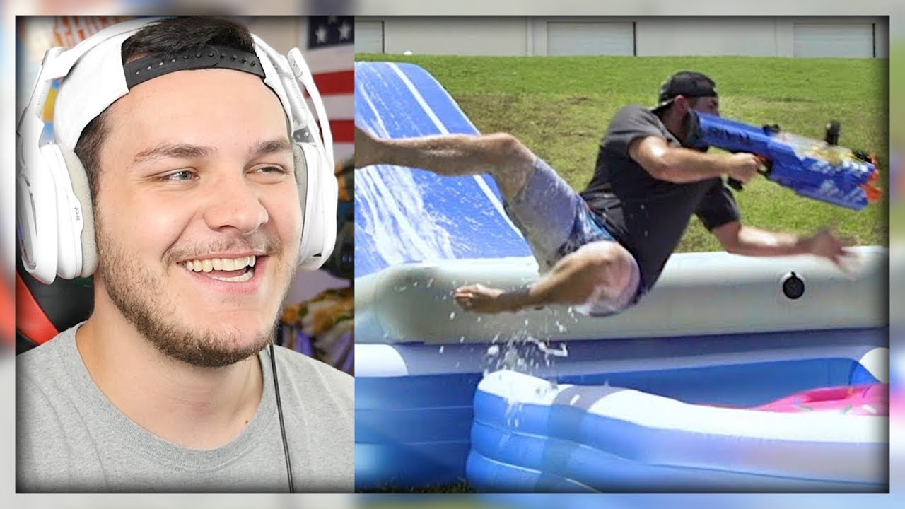 ⁣Nerf Slip and Slide Battle | Dude Perfect - Reaction