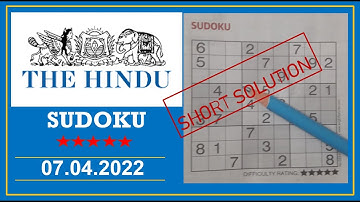 The Hindu  Sudoku Apr 07, 2022 - 5 Star - Short Solution