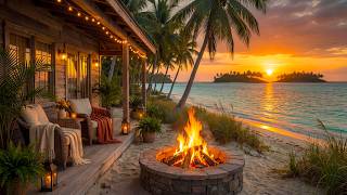 Perfect Tropical Ocean Porch at Sunset 🌴🔥 Calm Wave Sounds & Campfire Ambience for Deep Sleep