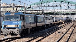 【EF65-2094 無動廃車回送】JR貨物EH200形12号機＋ムド国鉄EF65形2094号機＋コキタキコキ組成が大宮駅を高速通過するシーン（臨8764レ・高A212・石油返空） 2022.1.20