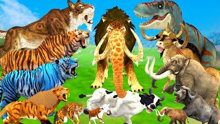 Giant Lion Mammoth vs Dinosaur vs 10 Giant Tiger Attack Cow Bull Baby Elephant Animal Revolt Battle