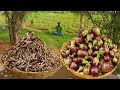 BRINJAL with DRY FISH Recipe | Nethili Karuvattu kulambu prepared by my uncle/food fun village