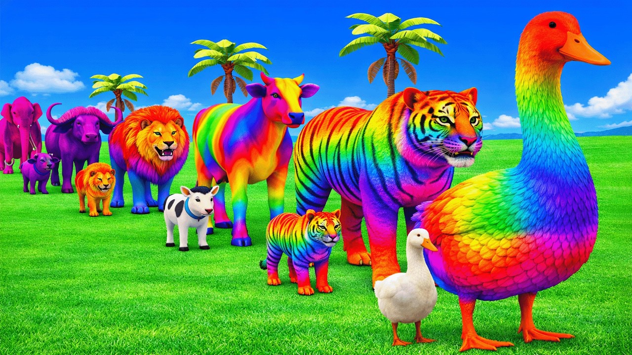 Long Slide Game With Cow Elephant Gorilla Hippopotamus Tiger - 3d Animal Game - Funny 3d Animals