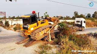 Best Action New Project Land Filling Shantui Unloading Trailer Process Operation Pushing Rocks Soil