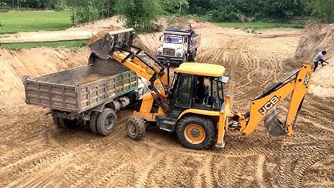 Cutting The Soil  JCB Dozer Backhoe Machine / JCB Loading Soil On Tipper Dump