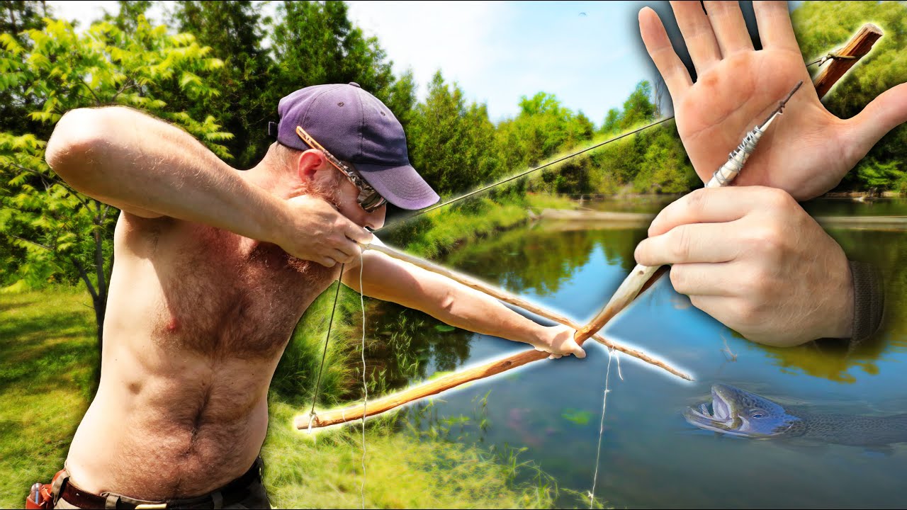 Primitive Survival Bow Build for Bowfishing  Barbwire Wrapped Arrow, Wire  Hooks, Gorge Hooks 